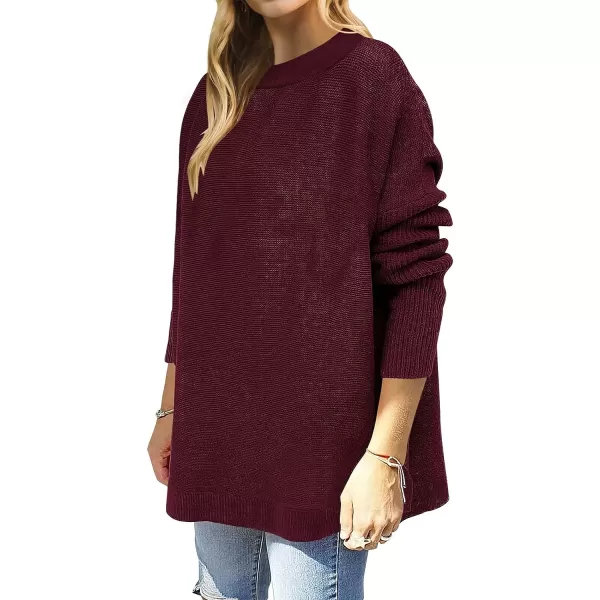 imageANRABESS Womens 2023 Casual Oversized Long Batwing Sleeve Crewneck Spilt High Low Hem Knit Tunic Pullover Sweater TopsWine Red