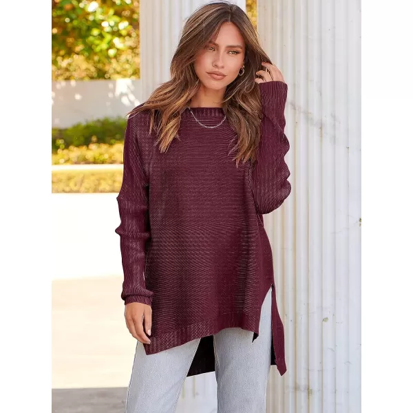 imageANRABESS Womens 2023 Casual Oversized Long Batwing Sleeve Crewneck Spilt High Low Hem Knit Tunic Pullover Sweater TopsWine Red