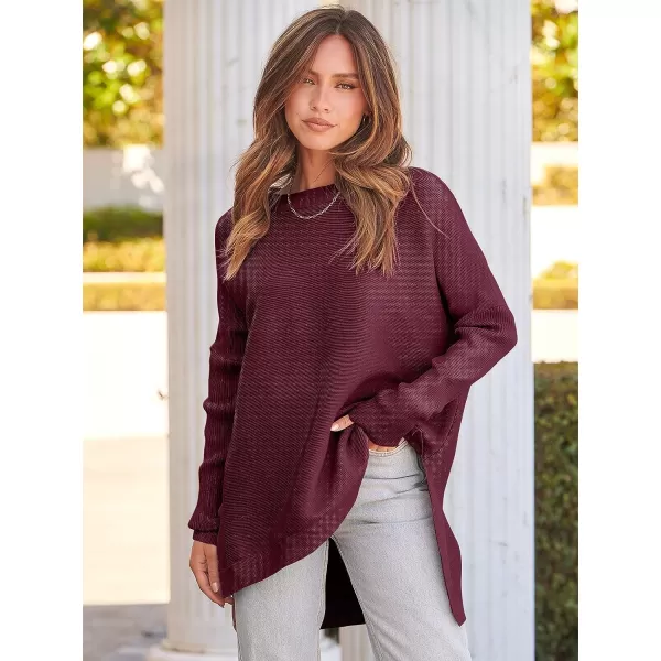 imageANRABESS Womens 2023 Casual Oversized Long Batwing Sleeve Crewneck Spilt High Low Hem Knit Tunic Pullover Sweater TopsWine Red
