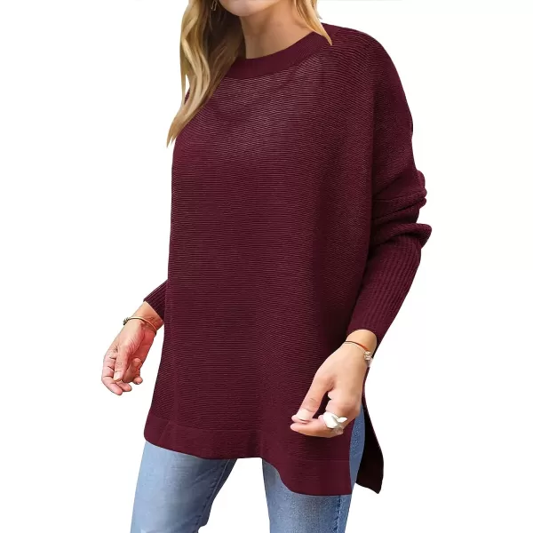 imageANRABESS Womens 2023 Casual Oversized Long Batwing Sleeve Crewneck Spilt High Low Hem Knit Tunic Pullover Sweater TopsWine Red