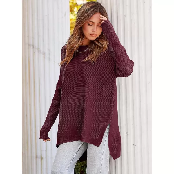 imageANRABESS Womens 2023 Casual Oversized Long Batwing Sleeve Crewneck Spilt High Low Hem Knit Tunic Pullover Sweater TopsWine Red