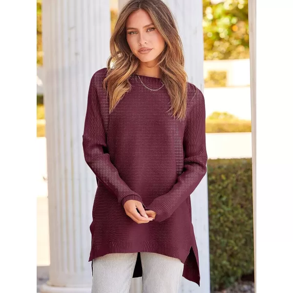 imageANRABESS Womens 2023 Casual Oversized Long Batwing Sleeve Crewneck Spilt High Low Hem Knit Tunic Pullover Sweater TopsWine Red