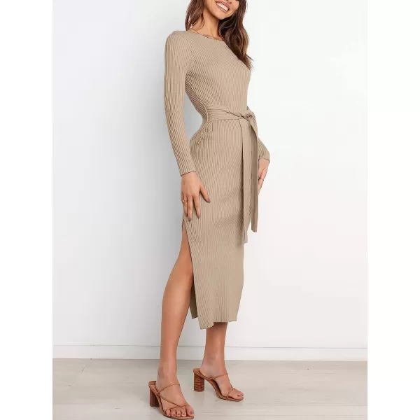 imageANRABESS Womens 2023 Elegant Sweater Dress Long Sleeve Crewneck Tie Waist Slim Fit Knit Slit Midi DressAlmond