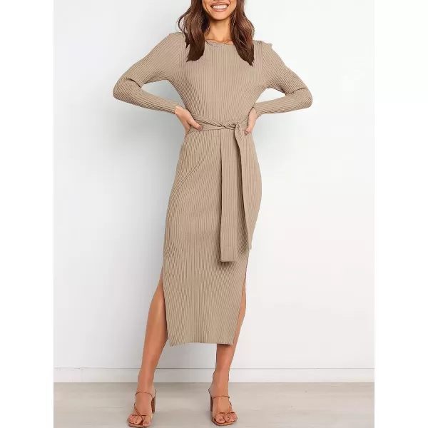 imageANRABESS Womens 2023 Elegant Sweater Dress Long Sleeve Crewneck Tie Waist Slim Fit Knit Slit Midi DressAlmond