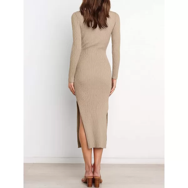 imageANRABESS Womens 2023 Elegant Sweater Dress Long Sleeve Crewneck Tie Waist Slim Fit Knit Slit Midi DressAlmond