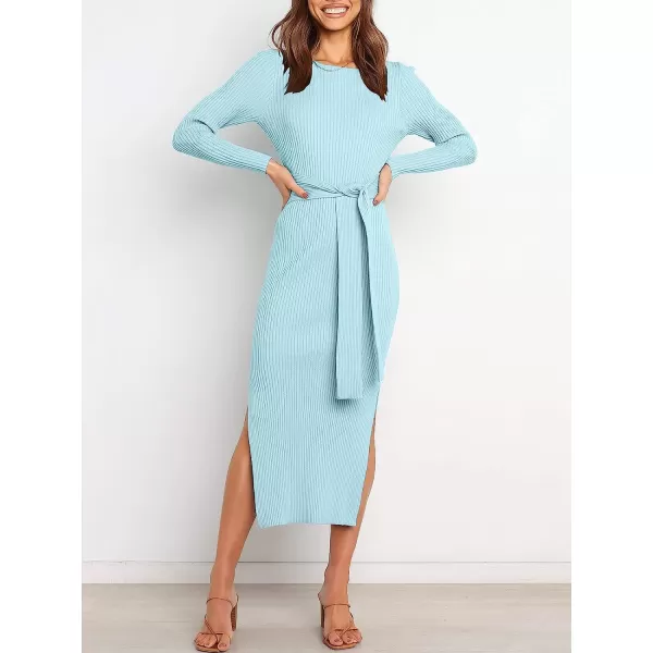 imageANRABESS Womens 2023 Elegant Sweater Dress Long Sleeve Crewneck Tie Waist Slim Fit Knit Slit Midi DressBlue
