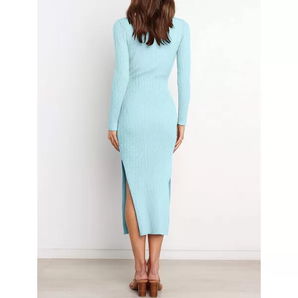 imageANRABESS Womens 2023 Elegant Sweater Dress Long Sleeve Crewneck Tie Waist Slim Fit Knit Slit Midi DressBlue