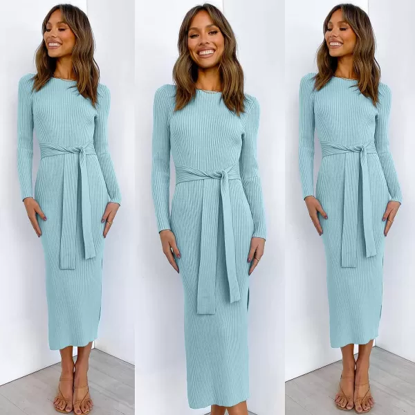 imageANRABESS Womens 2023 Elegant Sweater Dress Long Sleeve Crewneck Tie Waist Slim Fit Knit Slit Midi DressBlue