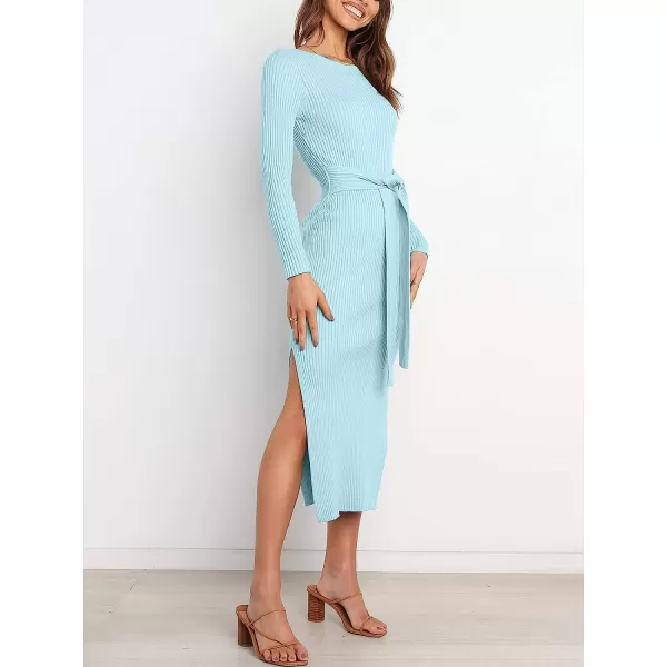 imageANRABESS Womens 2023 Elegant Sweater Dress Long Sleeve Crewneck Tie Waist Slim Fit Knit Slit Midi DressBlue