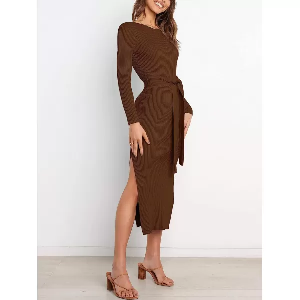 imageANRABESS Womens 2023 Elegant Sweater Dress Long Sleeve Crewneck Tie Waist Slim Fit Knit Slit Midi DressBrown