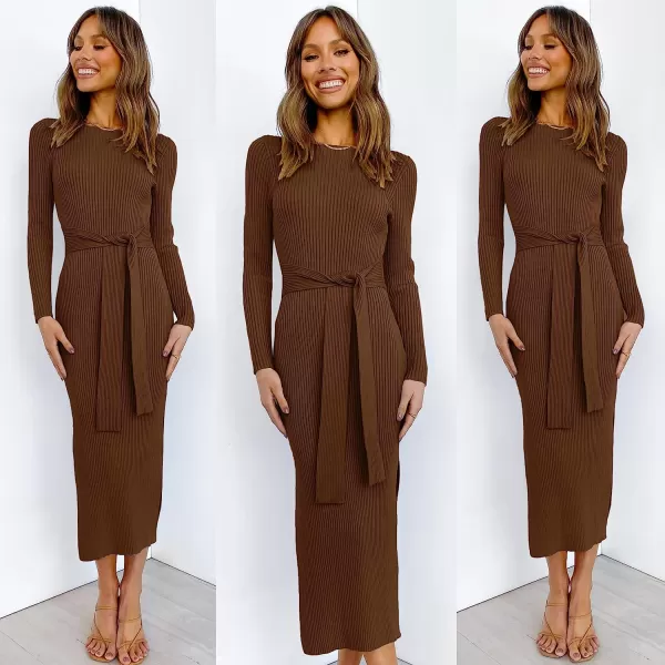 imageANRABESS Womens 2023 Elegant Sweater Dress Long Sleeve Crewneck Tie Waist Slim Fit Knit Slit Midi DressBrown