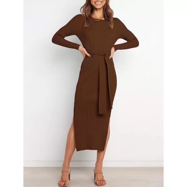 imageANRABESS Womens 2023 Elegant Sweater Dress Long Sleeve Crewneck Tie Waist Slim Fit Knit Slit Midi DressBrown