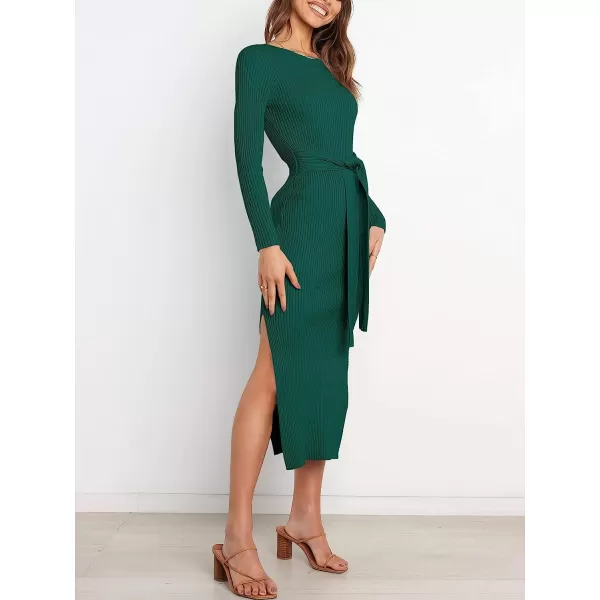 imageANRABESS Womens 2023 Elegant Sweater Dress Long Sleeve Crewneck Tie Waist Slim Fit Knit Slit Midi DressDark Green