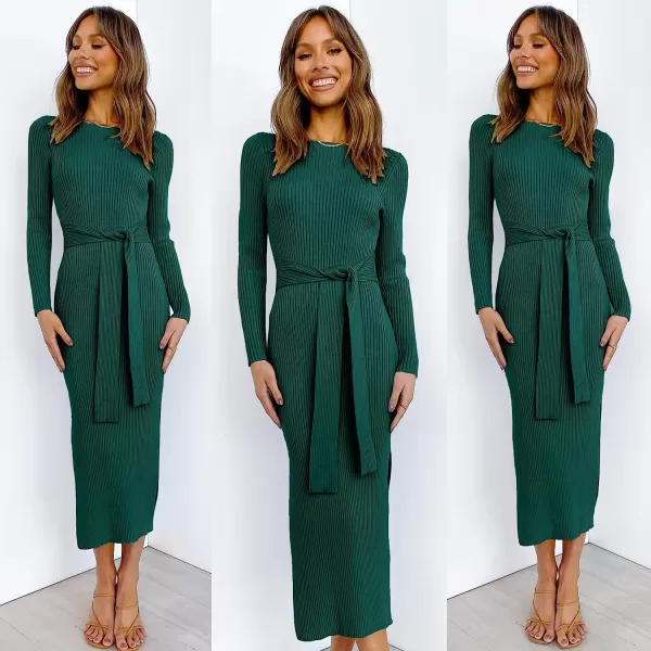 imageANRABESS Womens 2023 Elegant Sweater Dress Long Sleeve Crewneck Tie Waist Slim Fit Knit Slit Midi DressDark Green