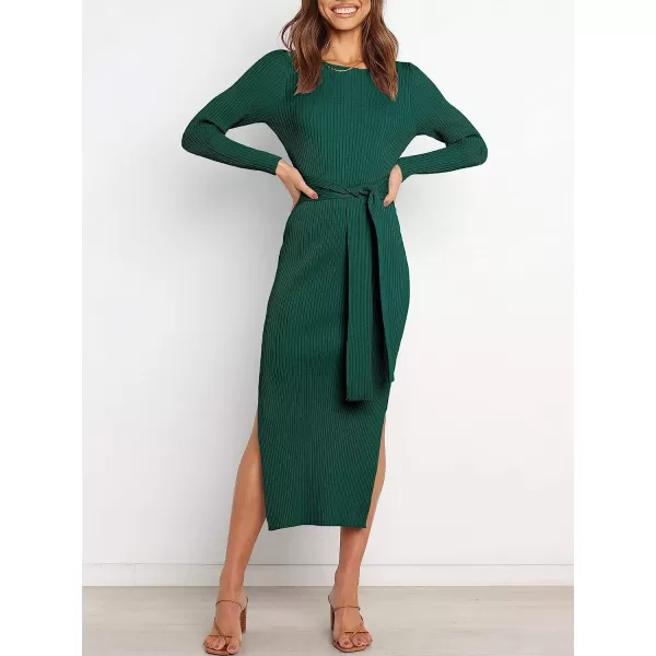 imageANRABESS Womens 2023 Elegant Sweater Dress Long Sleeve Crewneck Tie Waist Slim Fit Knit Slit Midi DressDark Green