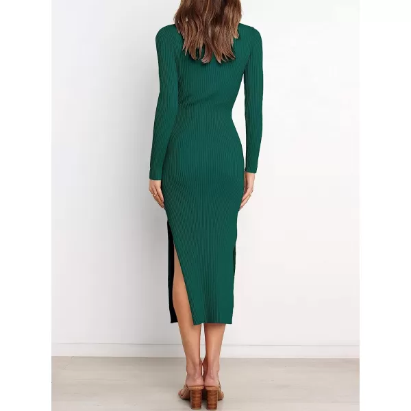 imageANRABESS Womens 2023 Elegant Sweater Dress Long Sleeve Crewneck Tie Waist Slim Fit Knit Slit Midi DressDark Green
