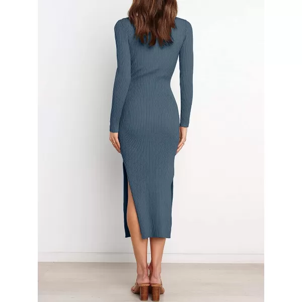 imageANRABESS Womens 2023 Elegant Sweater Dress Long Sleeve Crewneck Tie Waist Slim Fit Knit Slit Midi DressDusty Blue