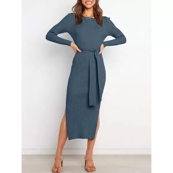 imageANRABESS Womens 2023 Elegant Sweater Dress Long Sleeve Crewneck Tie Waist Slim Fit Knit Slit Midi DressDusty Blue