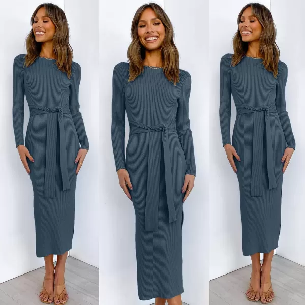 imageANRABESS Womens 2023 Elegant Sweater Dress Long Sleeve Crewneck Tie Waist Slim Fit Knit Slit Midi DressDusty Blue
