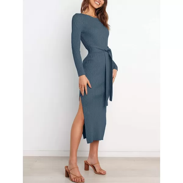 imageANRABESS Womens 2023 Elegant Sweater Dress Long Sleeve Crewneck Tie Waist Slim Fit Knit Slit Midi DressDusty Blue