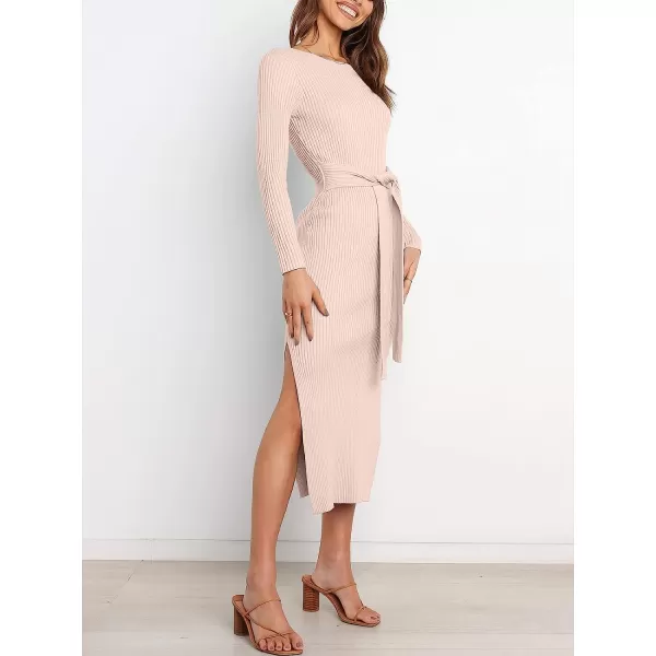 imageANRABESS Womens 2023 Elegant Sweater Dress Long Sleeve Crewneck Tie Waist Slim Fit Knit Slit Midi DressPink