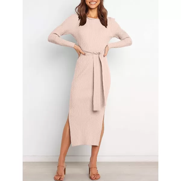 imageANRABESS Womens 2023 Elegant Sweater Dress Long Sleeve Crewneck Tie Waist Slim Fit Knit Slit Midi DressPink