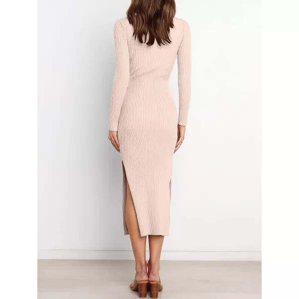 imageANRABESS Womens 2023 Elegant Sweater Dress Long Sleeve Crewneck Tie Waist Slim Fit Knit Slit Midi DressPink