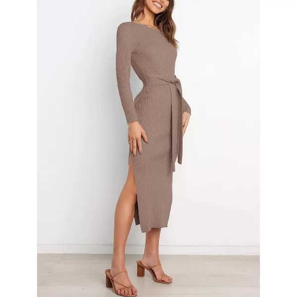 imageANRABESS Womens 2023 Elegant Sweater Dress Long Sleeve Crewneck Tie Waist Slim Fit Knit Slit Midi DressPink Almond