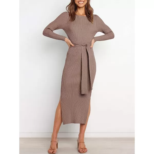 imageANRABESS Womens 2023 Elegant Sweater Dress Long Sleeve Crewneck Tie Waist Slim Fit Knit Slit Midi DressPink Almond