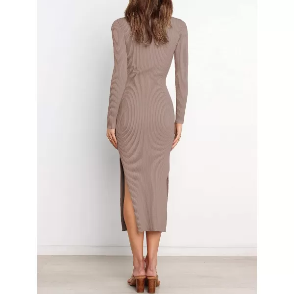 imageANRABESS Womens 2023 Elegant Sweater Dress Long Sleeve Crewneck Tie Waist Slim Fit Knit Slit Midi DressPink Almond