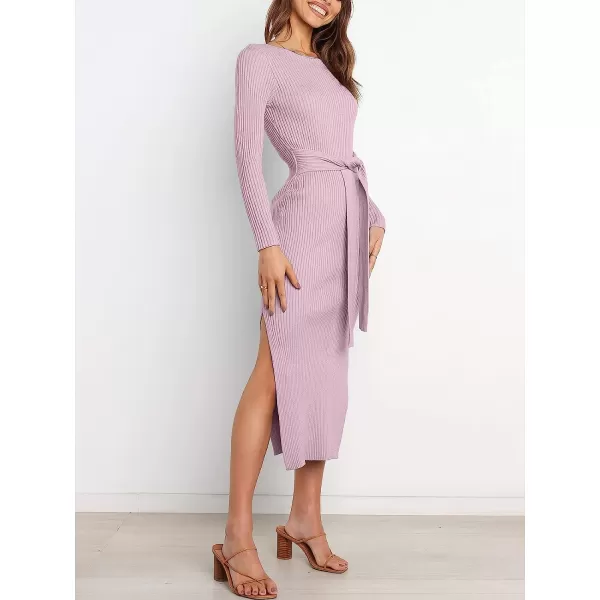 imageANRABESS Womens 2023 Elegant Sweater Dress Long Sleeve Crewneck Tie Waist Slim Fit Knit Slit Midi DressPurple