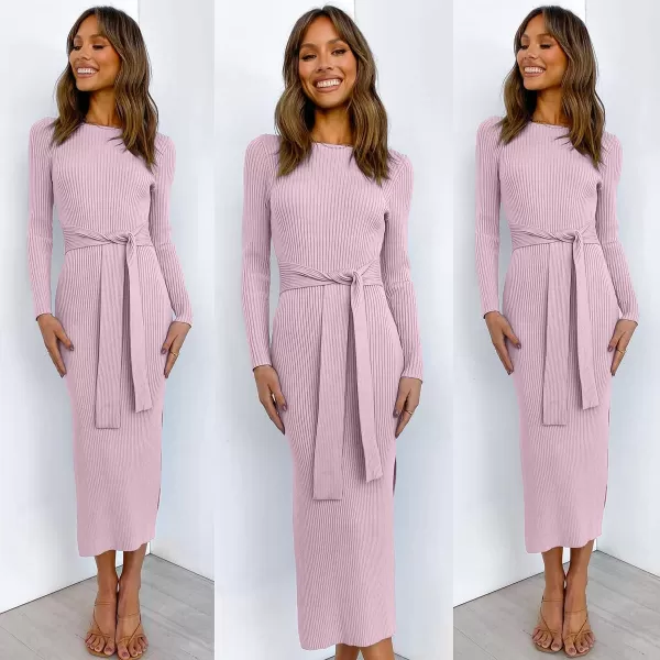 imageANRABESS Womens 2023 Elegant Sweater Dress Long Sleeve Crewneck Tie Waist Slim Fit Knit Slit Midi DressPurple