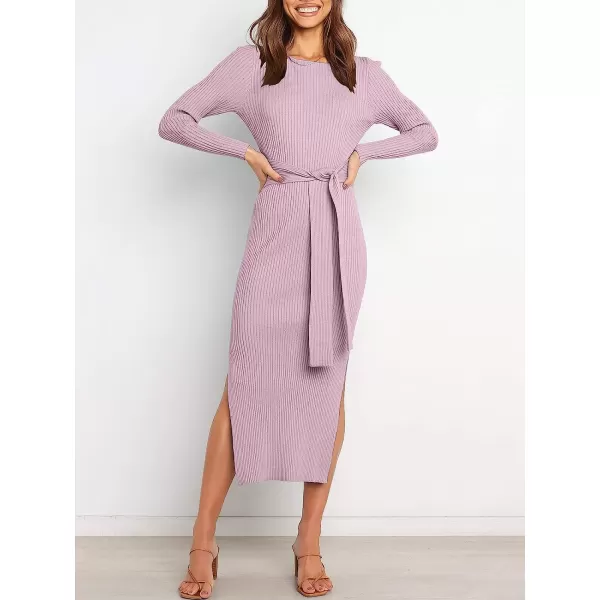 imageANRABESS Womens 2023 Elegant Sweater Dress Long Sleeve Crewneck Tie Waist Slim Fit Knit Slit Midi DressPurple