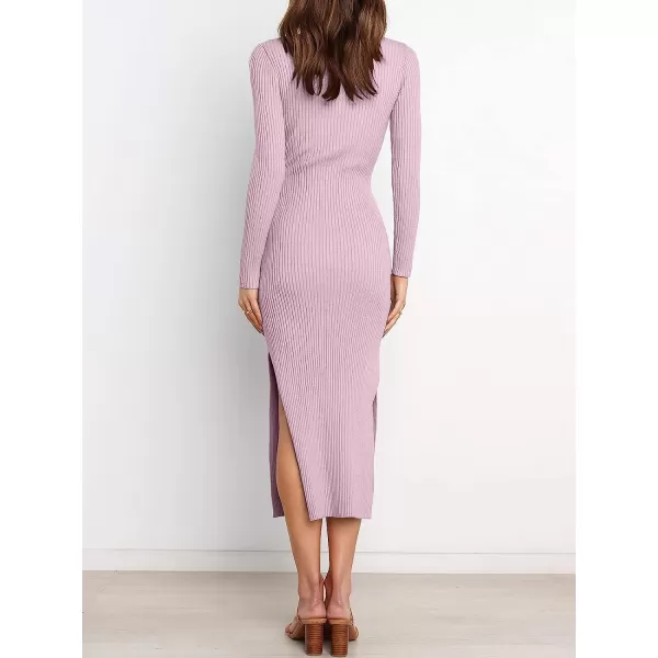 imageANRABESS Womens 2023 Elegant Sweater Dress Long Sleeve Crewneck Tie Waist Slim Fit Knit Slit Midi DressPurple