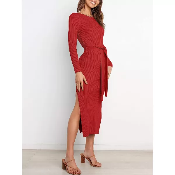 imageANRABESS Womens 2023 Elegant Sweater Dress Long Sleeve Crewneck Tie Waist Slim Fit Knit Slit Midi DressRed