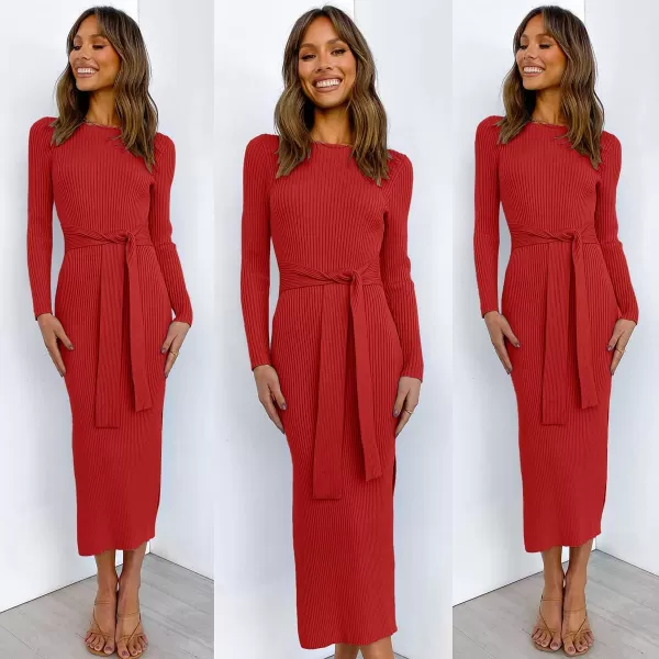 imageANRABESS Womens 2023 Elegant Sweater Dress Long Sleeve Crewneck Tie Waist Slim Fit Knit Slit Midi DressRed
