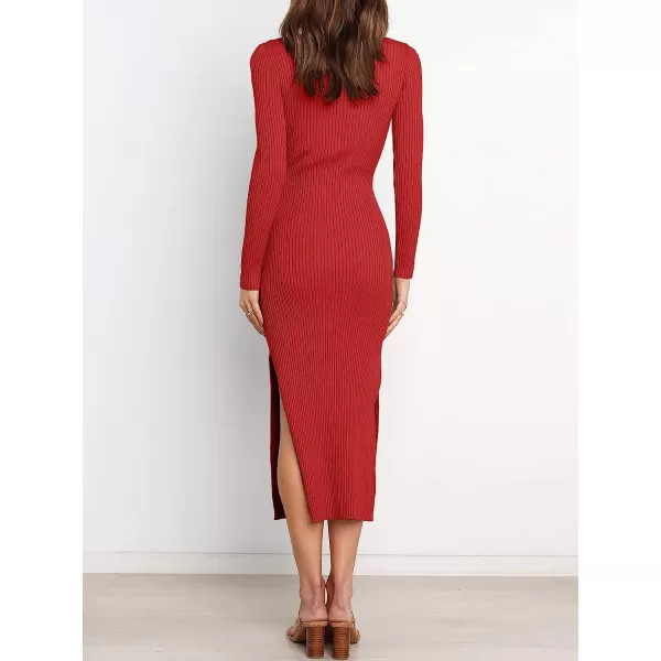 imageANRABESS Womens 2023 Elegant Sweater Dress Long Sleeve Crewneck Tie Waist Slim Fit Knit Slit Midi DressRed