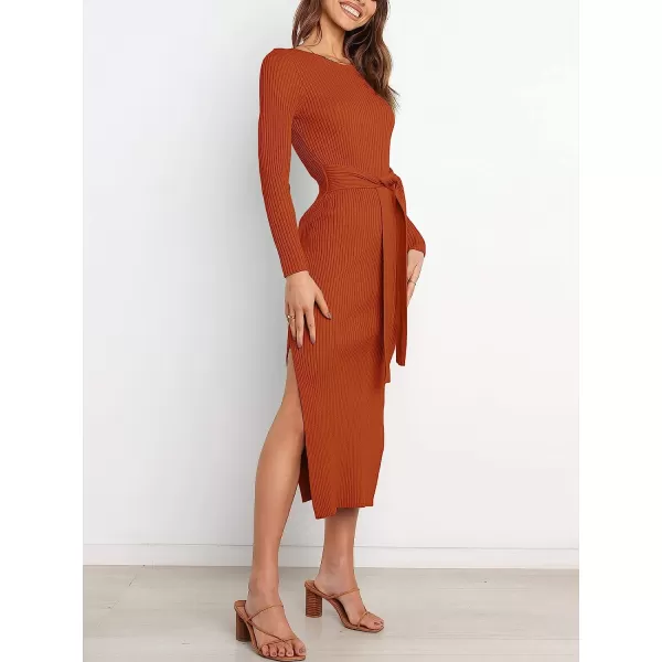 imageANRABESS Womens 2023 Elegant Sweater Dress Long Sleeve Crewneck Tie Waist Slim Fit Knit Slit Midi DressRust