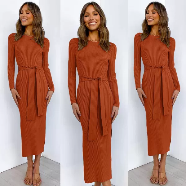 imageANRABESS Womens 2023 Elegant Sweater Dress Long Sleeve Crewneck Tie Waist Slim Fit Knit Slit Midi DressRust