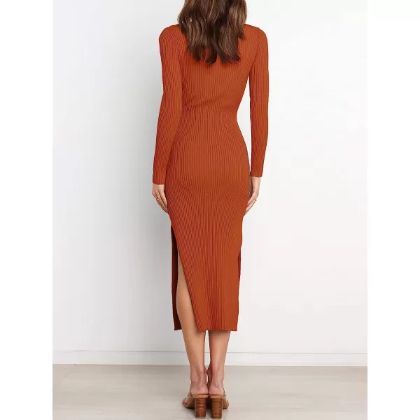 imageANRABESS Womens 2023 Elegant Sweater Dress Long Sleeve Crewneck Tie Waist Slim Fit Knit Slit Midi DressRust