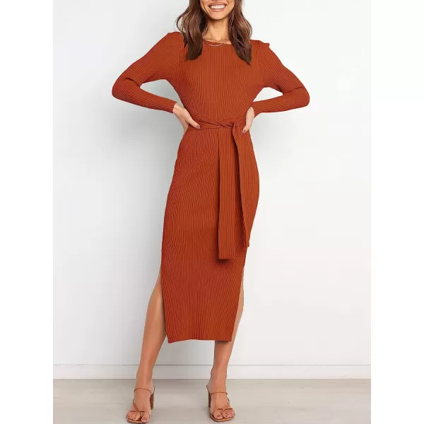 imageANRABESS Womens 2023 Elegant Sweater Dress Long Sleeve Crewneck Tie Waist Slim Fit Knit Slit Midi DressRust