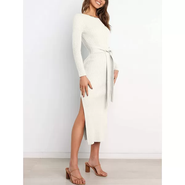 imageANRABESS Womens 2023 Elegant Sweater Dress Long Sleeve Crewneck Tie Waist Slim Fit Knit Slit Midi DressWhite