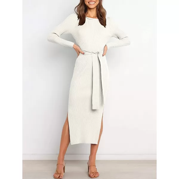 imageANRABESS Womens 2023 Elegant Sweater Dress Long Sleeve Crewneck Tie Waist Slim Fit Knit Slit Midi DressWhite