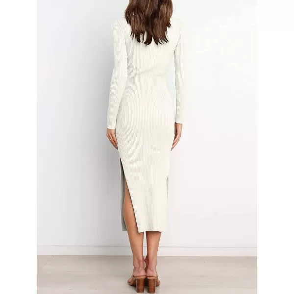 imageANRABESS Womens 2023 Elegant Sweater Dress Long Sleeve Crewneck Tie Waist Slim Fit Knit Slit Midi DressWhite
