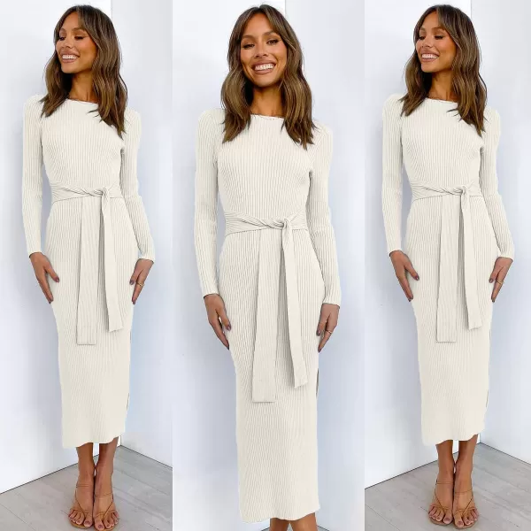imageANRABESS Womens 2023 Elegant Sweater Dress Long Sleeve Crewneck Tie Waist Slim Fit Knit Slit Midi DressWhite