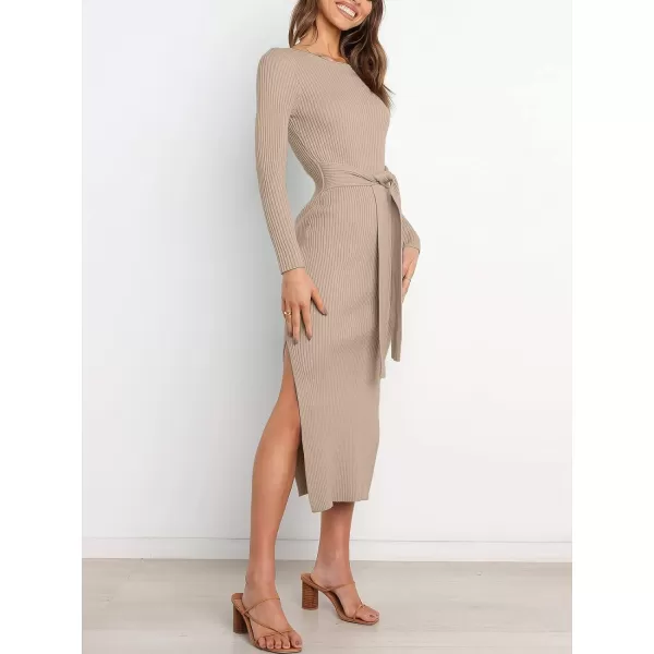 imageANRABESS Womens 2023 Fall Elegant Sweater Dress Long Sleeve Crewneck Tie Waist Slim Rib Knit Slit Bodycon Midi DressAlmond