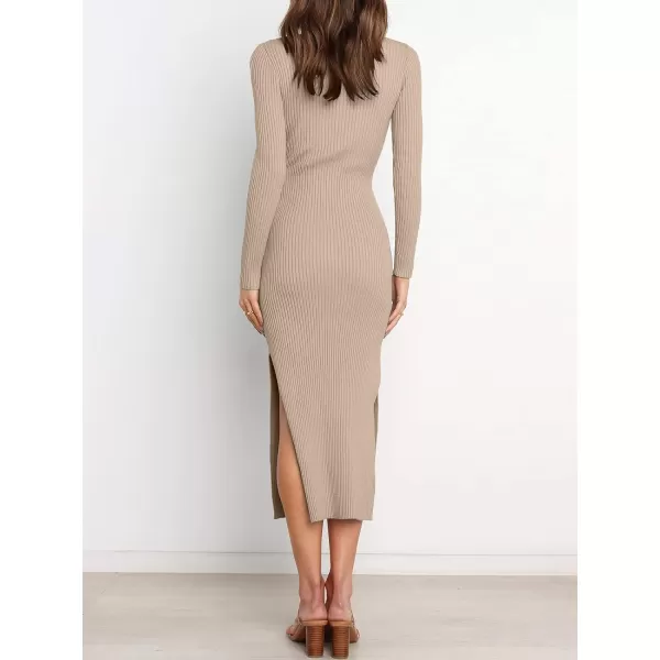 imageANRABESS Womens 2023 Fall Elegant Sweater Dress Long Sleeve Crewneck Tie Waist Slim Rib Knit Slit Bodycon Midi DressAlmond