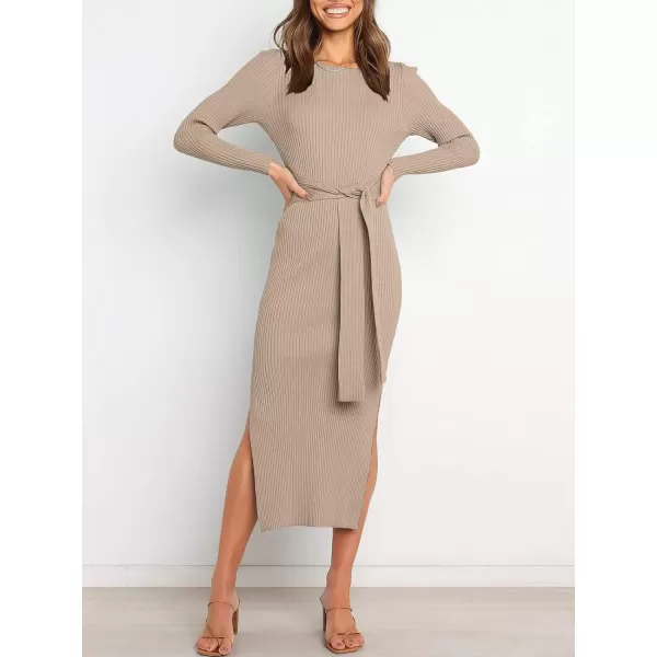 imageANRABESS Womens 2023 Fall Elegant Sweater Dress Long Sleeve Crewneck Tie Waist Slim Rib Knit Slit Bodycon Midi DressAlmond