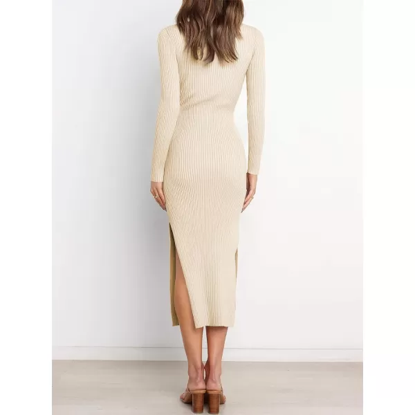 imageANRABESS Womens 2023 Fall Elegant Sweater Dress Long Sleeve Crewneck Tie Waist Slim Rib Knit Slit Bodycon Midi DressBeige