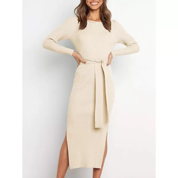 imageANRABESS Womens 2023 Fall Elegant Sweater Dress Long Sleeve Crewneck Tie Waist Slim Rib Knit Slit Bodycon Midi DressBeige
